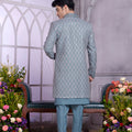 Unique Teal Blue Embroidered Art Silk Indo-Western Set with Matching Kurta for Wedding