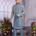 Unique Teal Blue Embroidered Art Silk Indo-Western Set with Matching Kurta for Wedding
