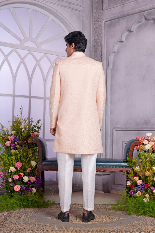 Luxury Peach Embroidered Art Silk Indo-Western Kurta Set for Wedding