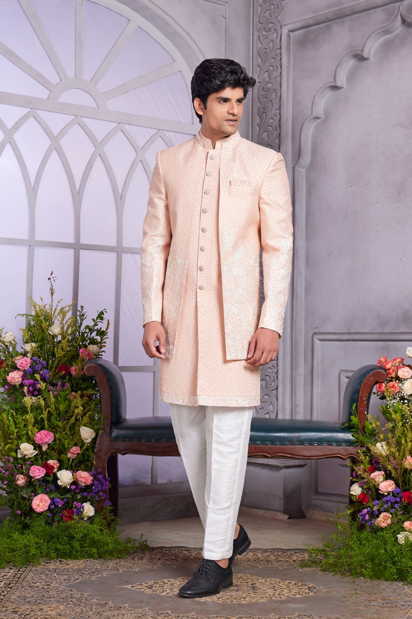 Luxury Peach Embroidered Art Silk Indo-Western Kurta Set for Wedding