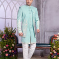 Fantastic Sea Green Embroidered Art Silk Indo-Western Kurta Set for Wedding