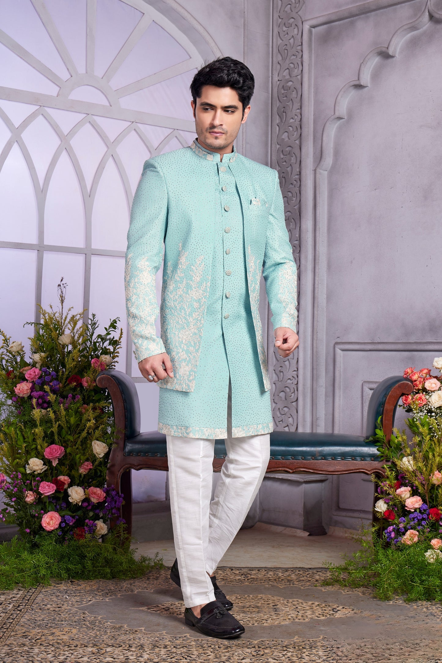 Fantastic Sea Green Embroidered Art Silk Indo-Western Kurta Set for Wedding