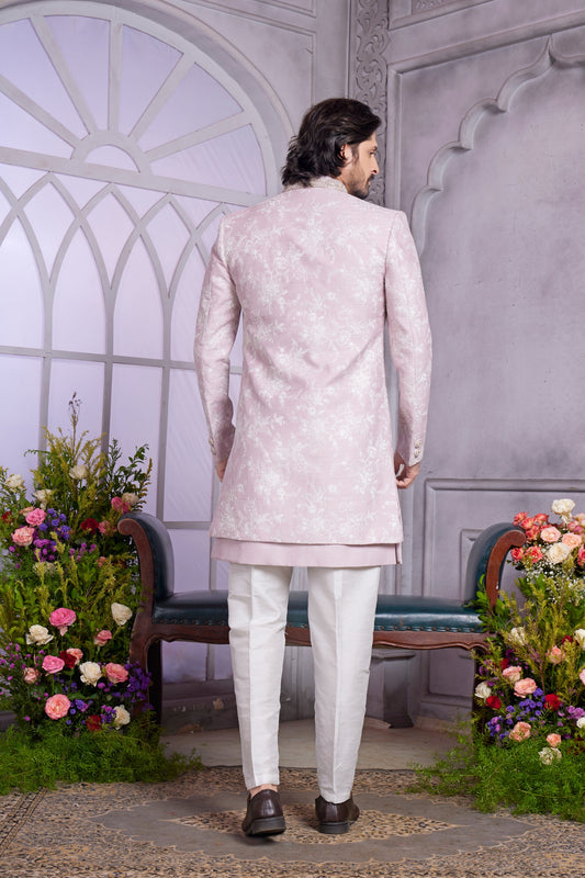 Handsome Pink Embroidered Art Silk Indo-Western Kurta Set for Wedding