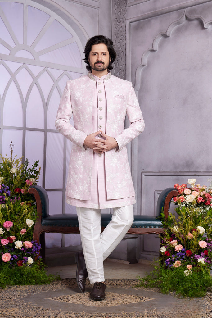 Handsome Pink Embroidered Art Silk Indo-Western Kurta Set for Wedding