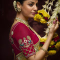 Luxury Golden Silk Saree Zari Floral Embroidered Border Red Designer Blouse