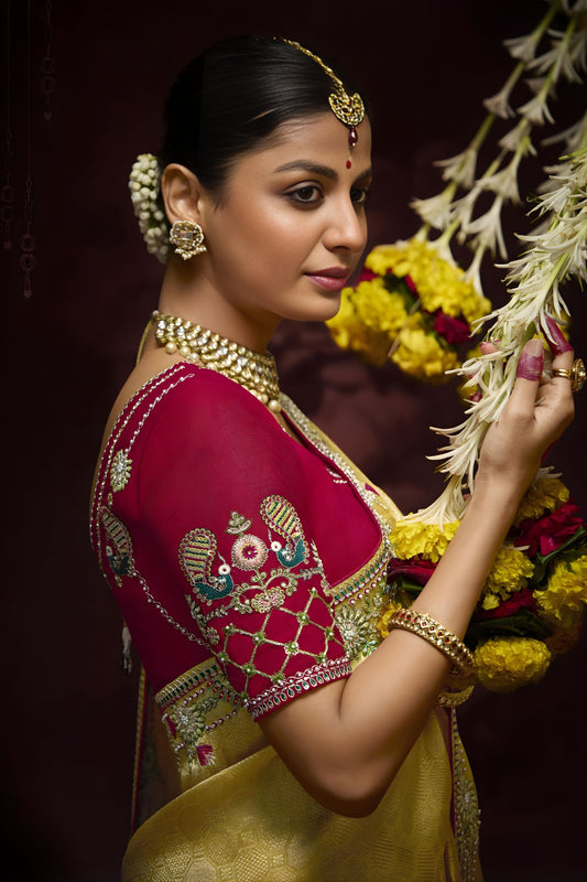 Luxury Golden Silk Saree Zari Floral Embroidered Border Red Designer Blouse