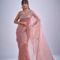 Peach Pink Tissue Silk Saree with Zari Embroidery Designer Blouse
