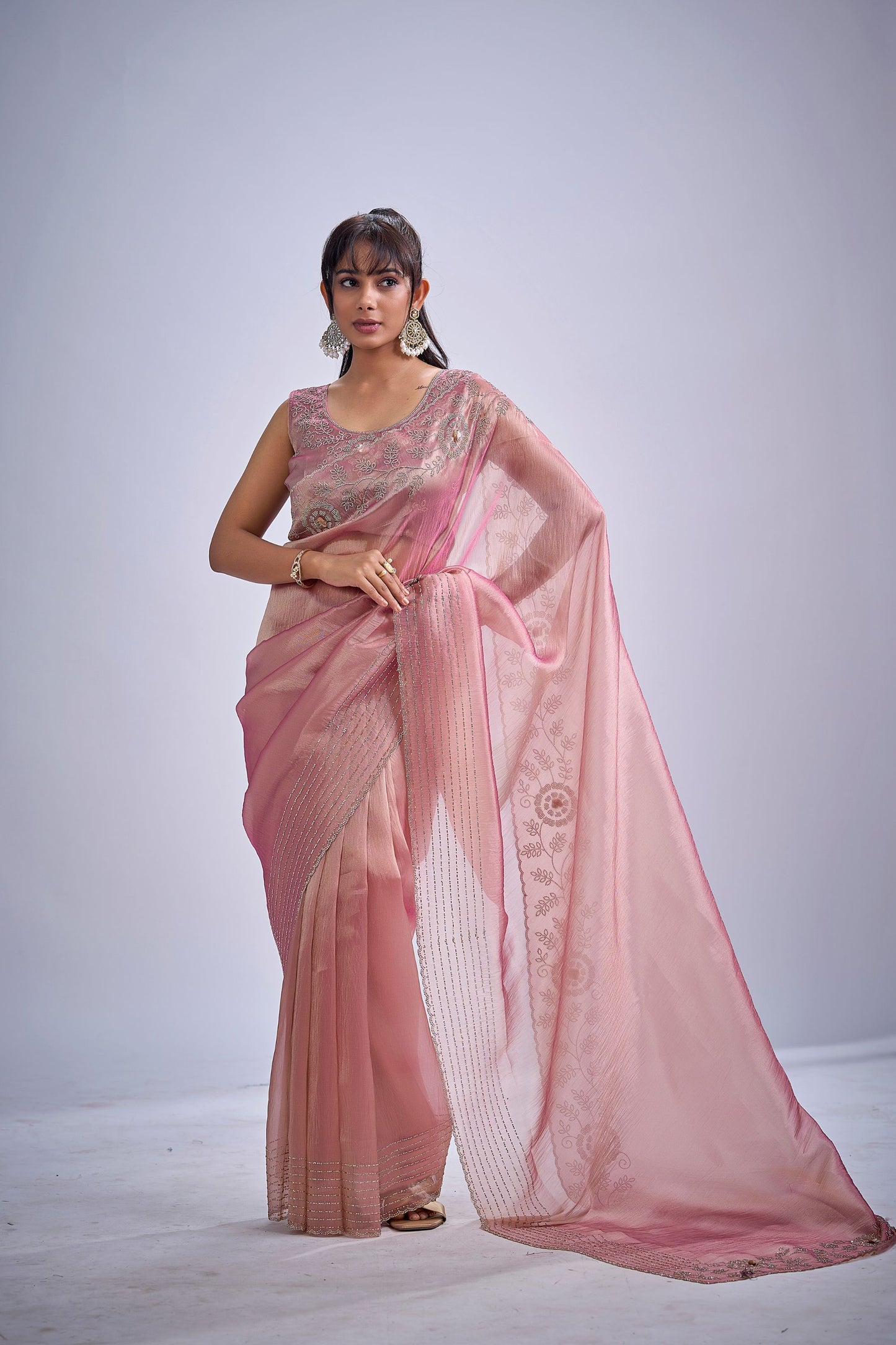 Peach Pink Tissue Silk Saree with Zari Embroidery Designer Blouse