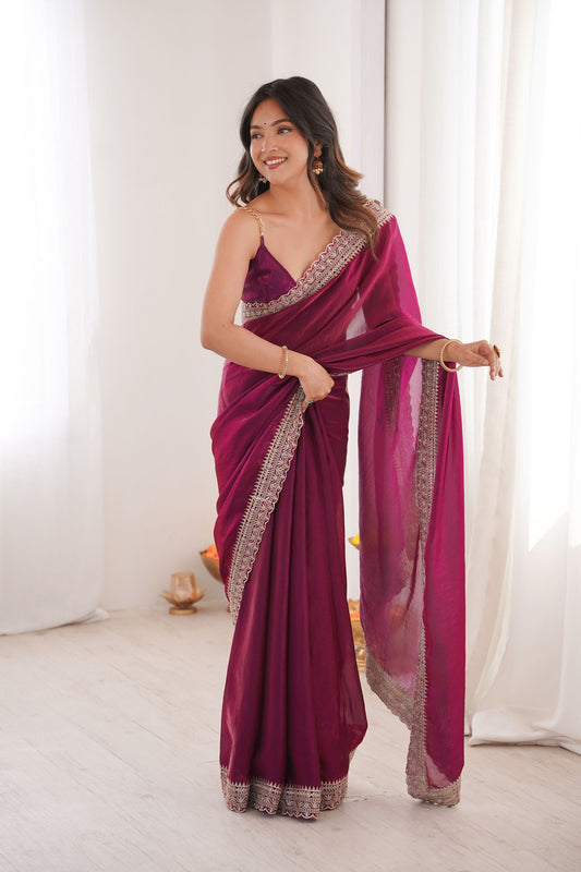 Luxury Magenta Pink Organza Saree Designer Embroidered Border