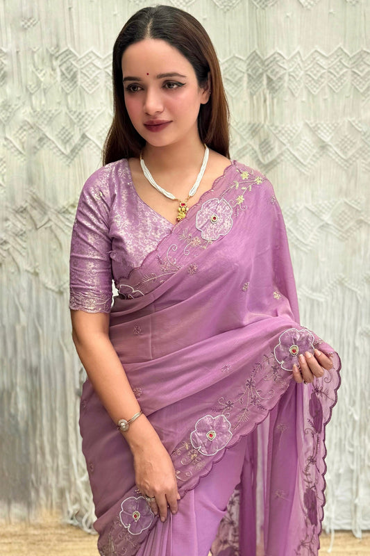 Lavender Organza Saree with Floral Embroidery Designer Blouse
