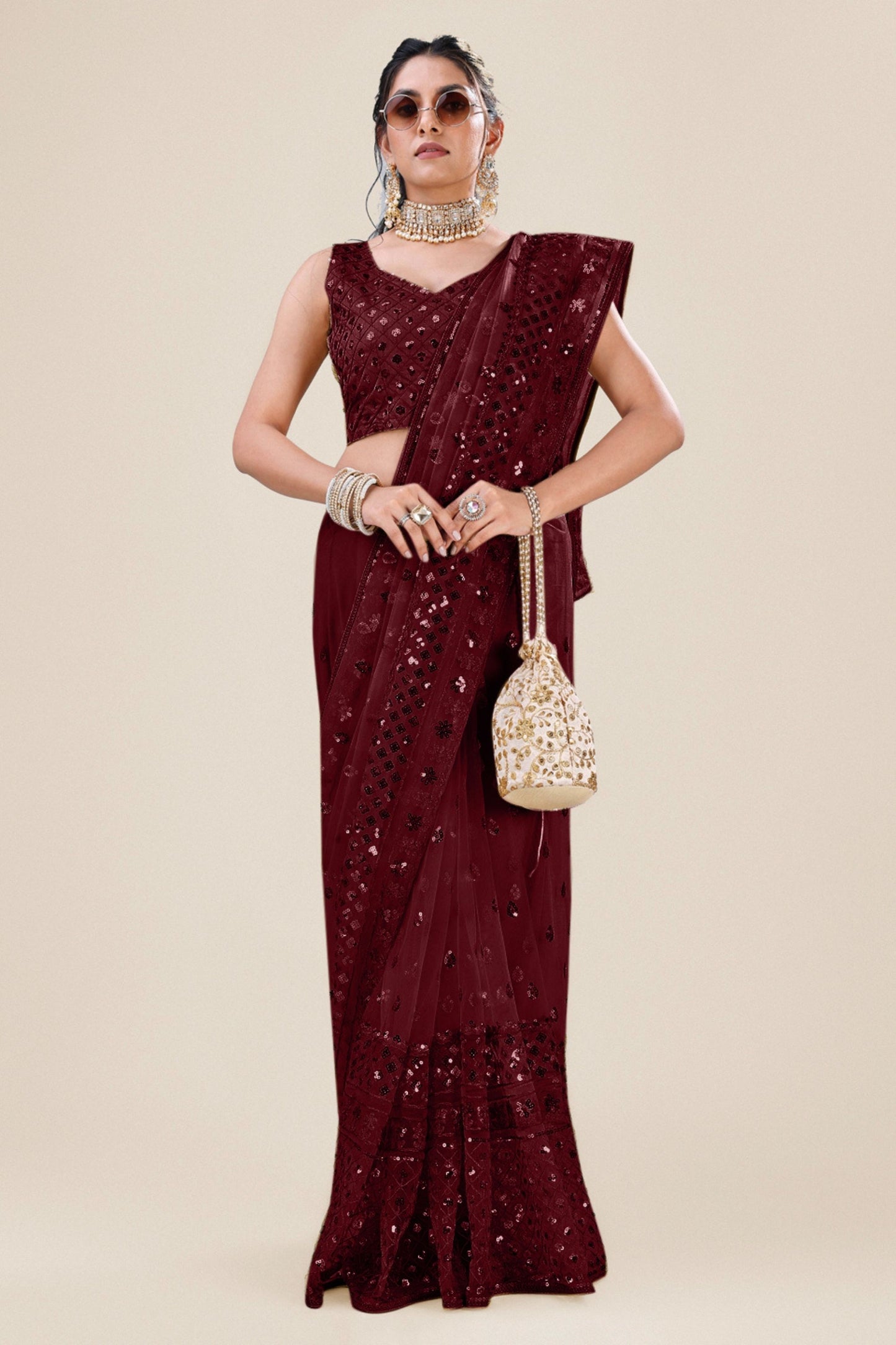 Wine Maroon Net Saree with Heavy Sequins Embroidery Designer Blouse