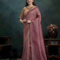 Dusty Rose Organza Silk Saree with Gold Border Designer Printed Blouse
