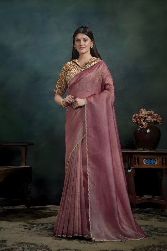 Dusty Rose Organza Silk Saree with Gold Border Designer Printed Blouse
