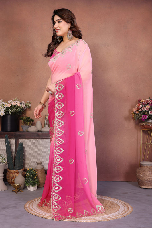 Pink Ombre Georgette Saree with Embroidered Border Work