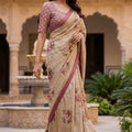 Elegant Beige Floral Printed Linen Silk Saree with Mauve Border
