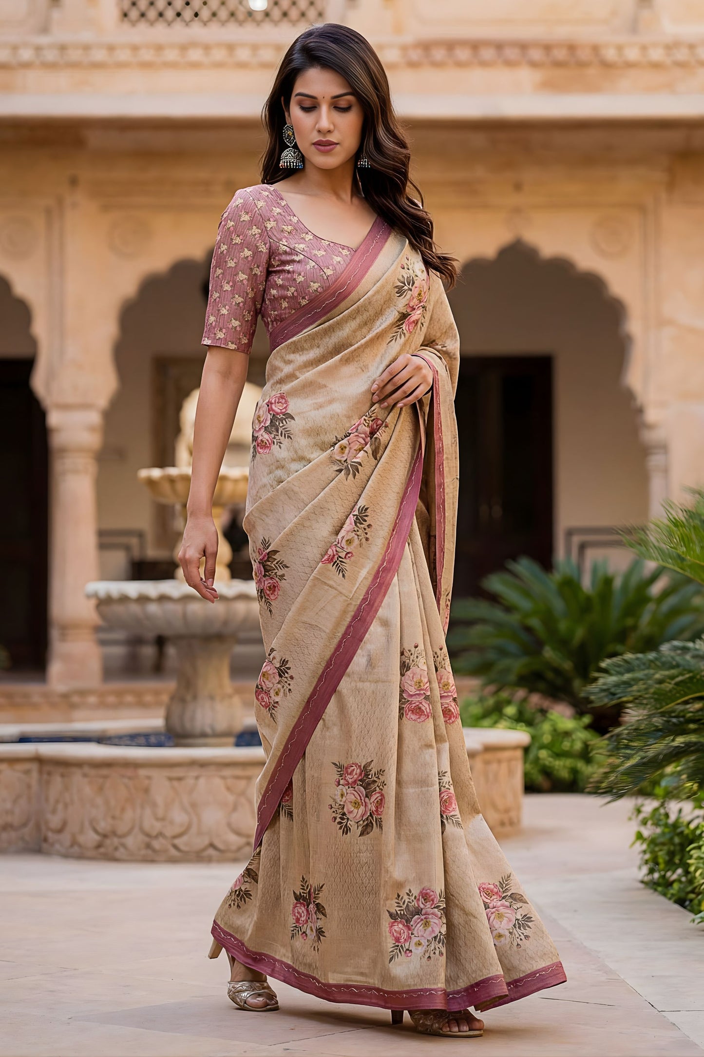 Elegant Beige Floral Printed Linen Silk Saree with Mauve Border