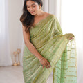 Pista Green Organza Silk Saree Golden Zari Embroidery Designer Blouse