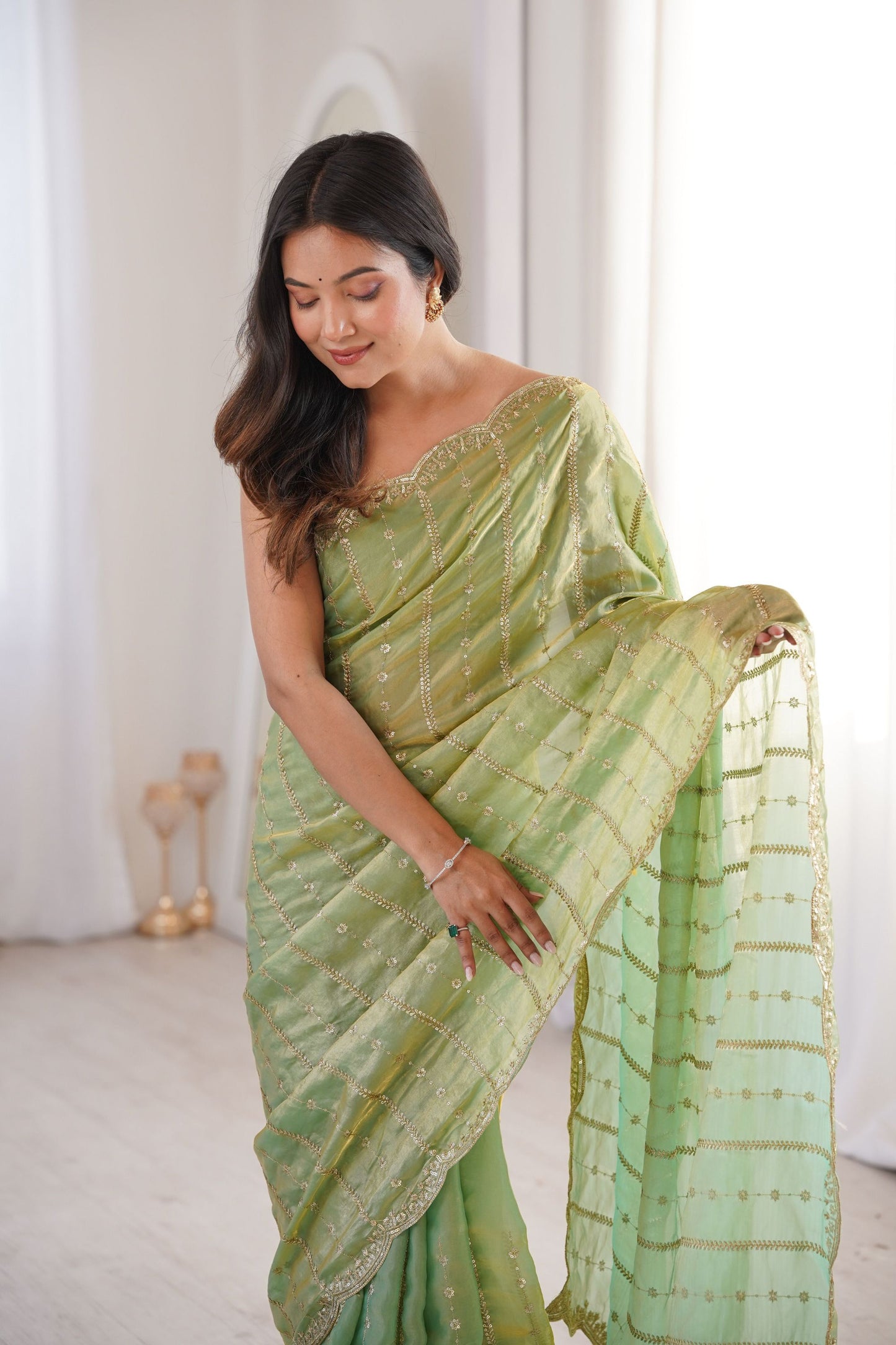 Pista Green Organza Silk Saree Golden Zari Embroidery Designer Blouse