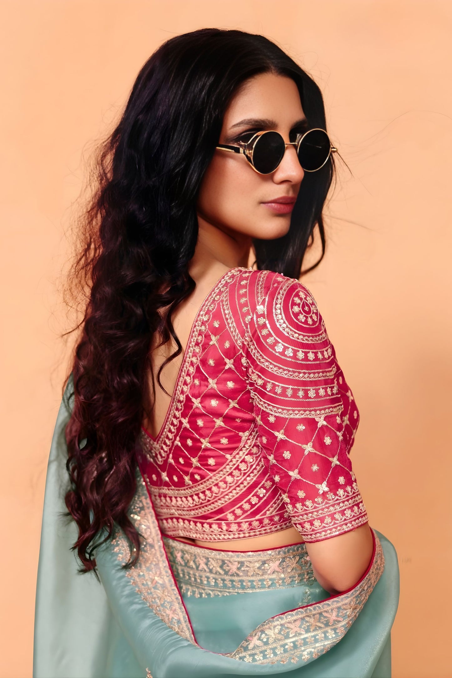 Sea Green Designer Saree Embroidered Border Contrast Blouse