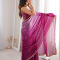 Magenta Organza Saree Golden Butti Work Embroidered Border
