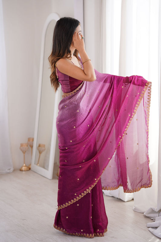 Magenta Organza Saree Golden Butti Work Embroidered Border