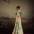 Cream Linen Silk Saree Mint Green Floral Digital Print Designer Tassel Pallu