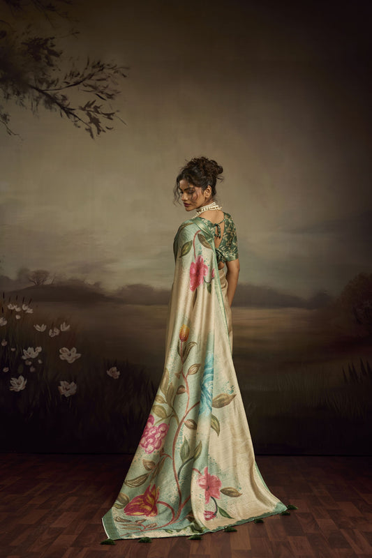 Cream Linen Silk Saree Mint Green Floral Digital Print Designer Tassel Pallu