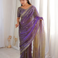 Luxury Purple Organza Silk Saree Golden Thread Work Embroidery Blouse