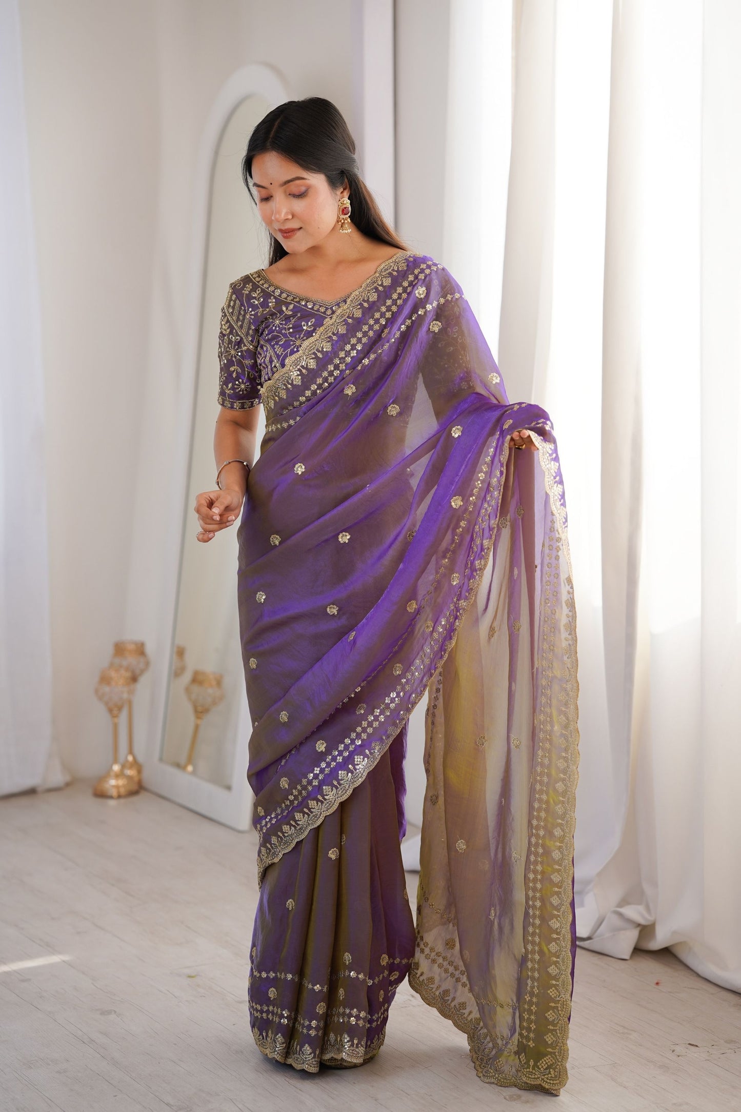 Luxury Purple Organza Silk Saree Golden Thread Work Embroidery Blouse
