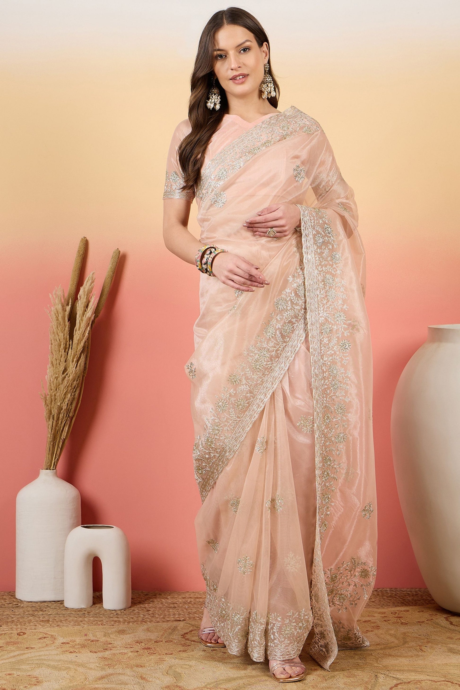 Peach Embroidered Net Saree with Designer Border Party Wear Saree
