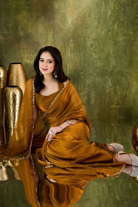 Mustard Gold Organza Silk Saree Designer Party Wear Saree