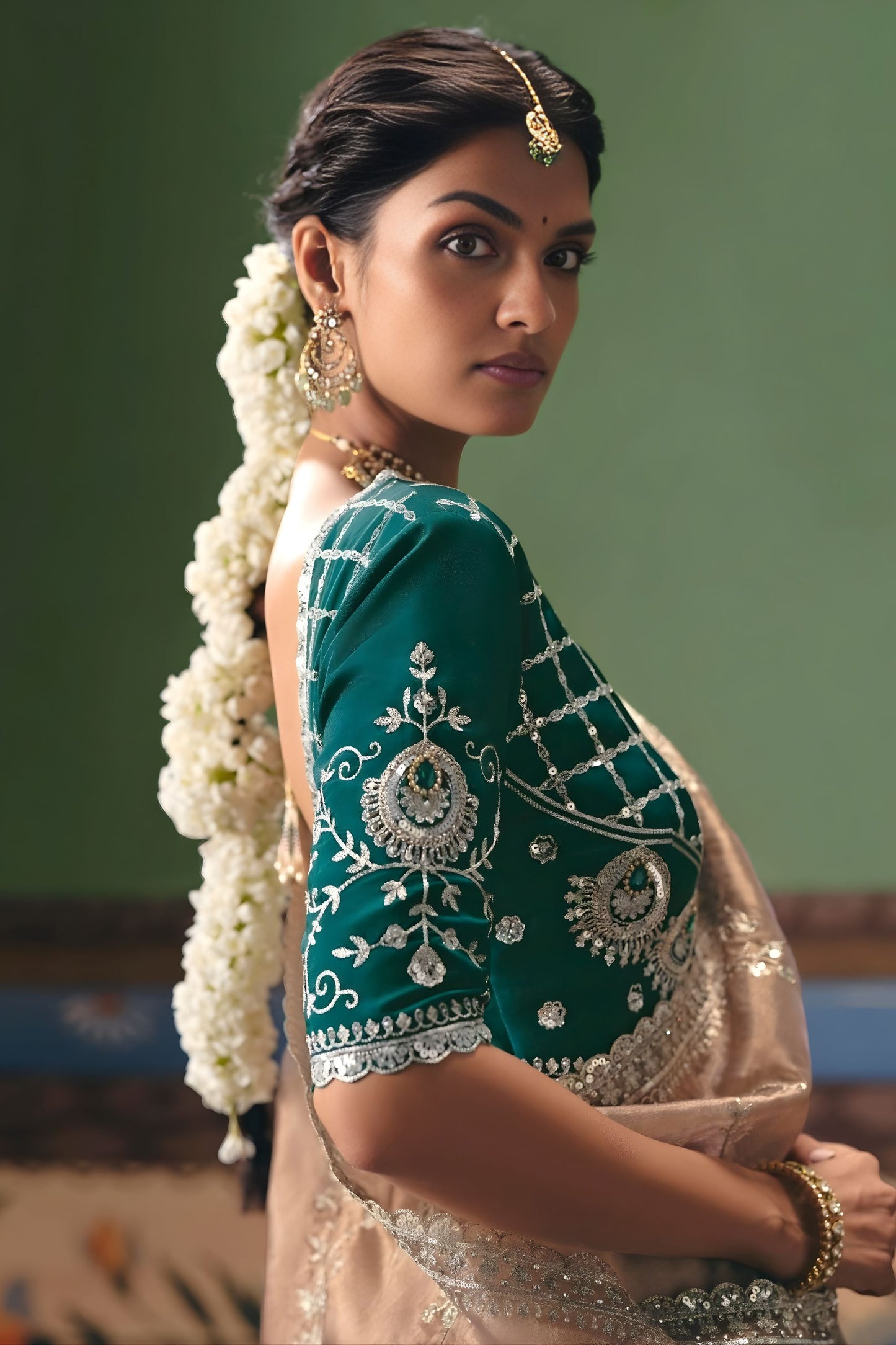 Champagne Brown Organza Silk Saree with Silver Embroidery Border