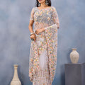 Elegant Grey Floral Embroidered Net Saree with Designer Border
