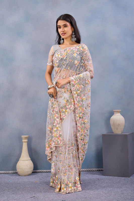 Elegant Grey Floral Embroidered Net Saree with Designer Border