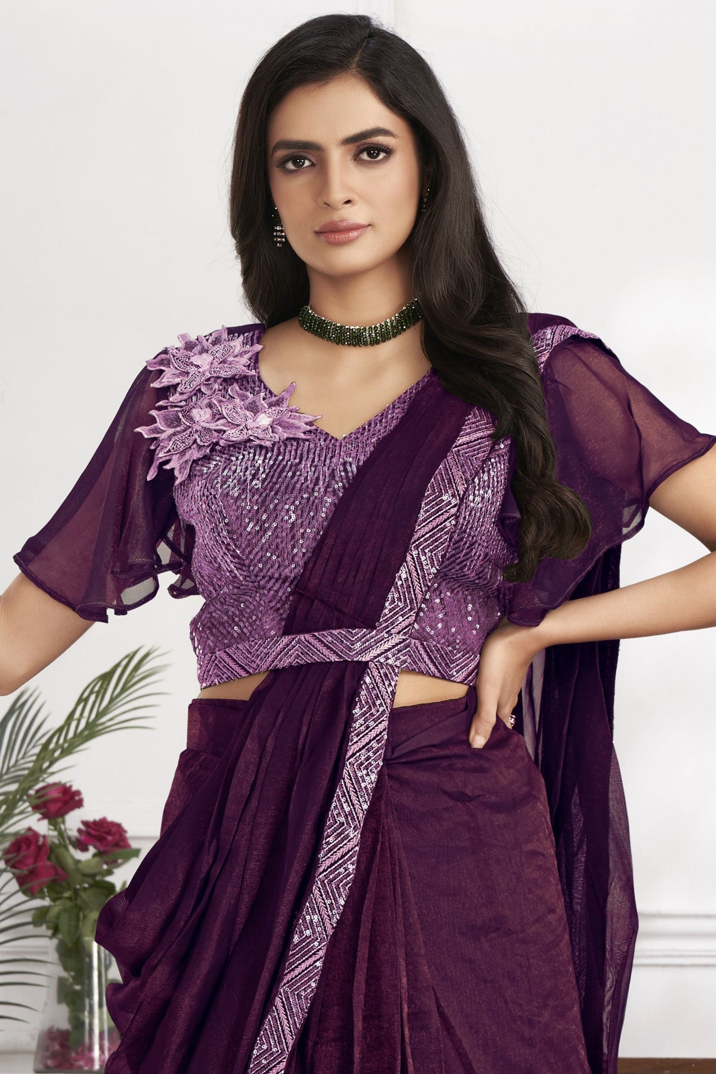 Deep Wine Purple Designer Saree with Sequins Embroidered Blouse