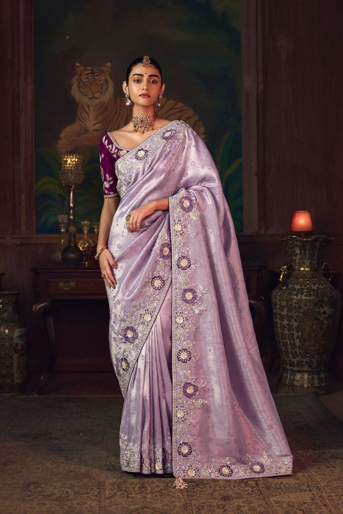 Lavender Silk Saree and Contrasting Wine Blouse