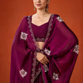 Wine Purple Embroidered Georgette Saree Floral Motifs Designer Border