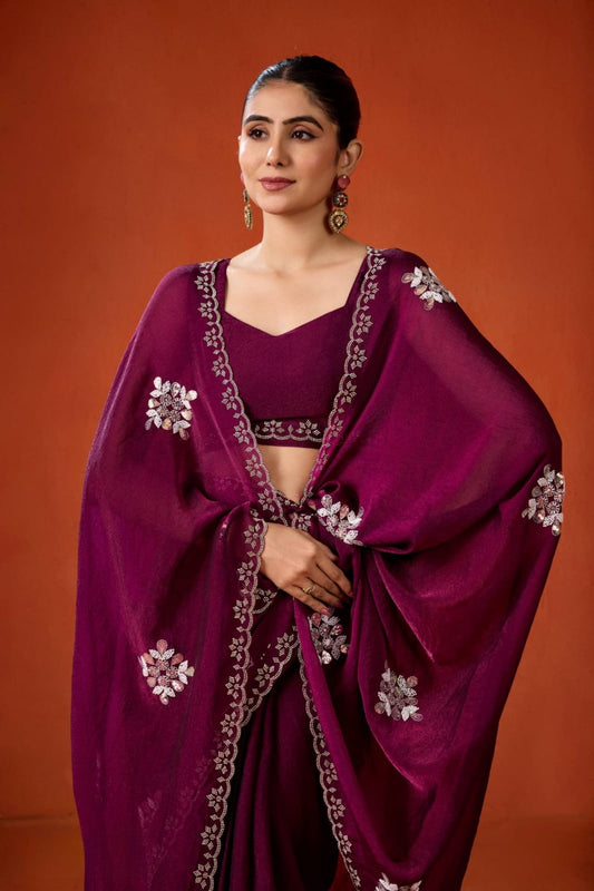 Wine Purple Embroidered Georgette Saree Floral Motifs Designer Border