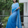 Sky Blue Georgette Saree with Embroidered Border Designer Blouse