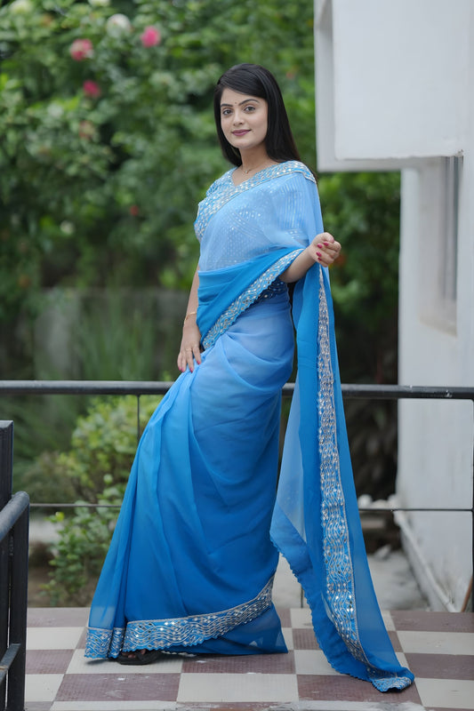 Sky Blue Georgette Saree with Embroidered Border Designer Blouse