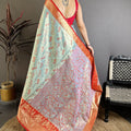 Sky Blue Orange Kanjivaram Silk Saree Traditional Zari Woven Saree