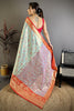 Sky Blue Orange Kanjivaram Silk Saree Traditional Zari Woven Saree