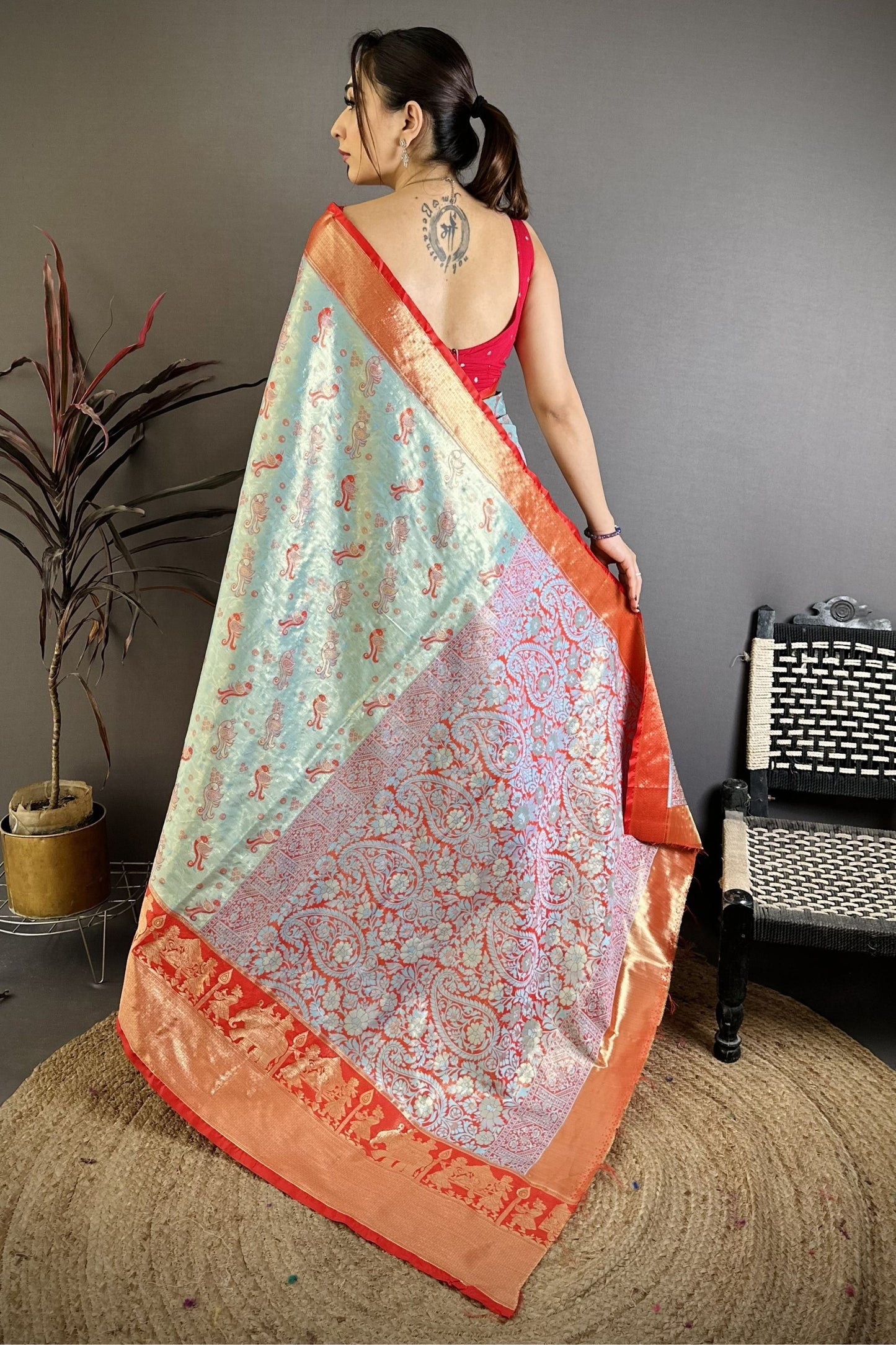 Sky Blue Orange Kanjivaram Silk Saree Traditional Zari Woven Saree