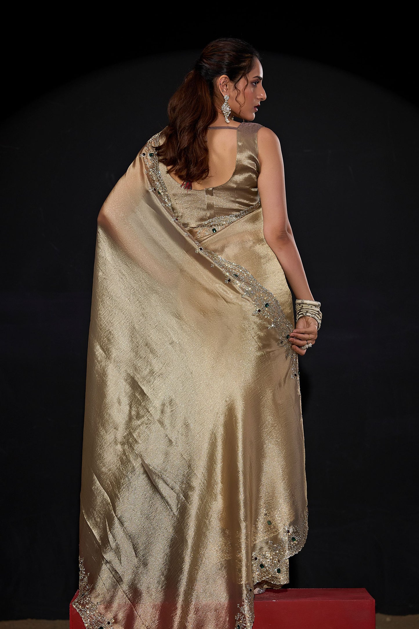 Gold Shimmer Silk Saree with Heavy Zari Stone Embroidered Border