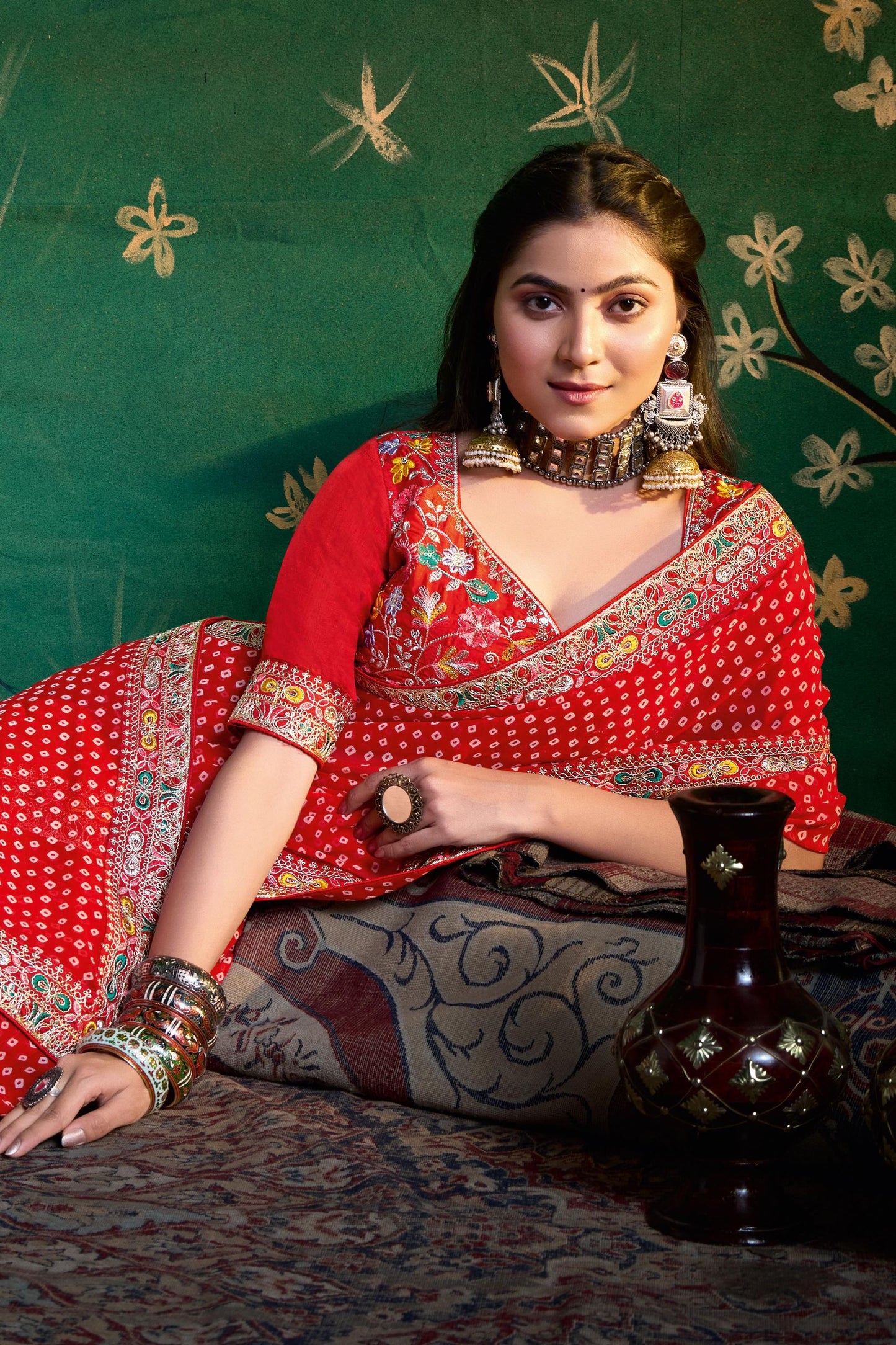 Red Bandhani Saree with Heavy Border Designer Blouse