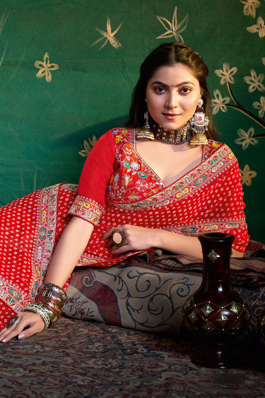 Red Bandhani Saree with Heavy Border Designer Blouse