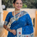 Royal Blue Floral Woven Linen Silk Saree Designer Peacock Border