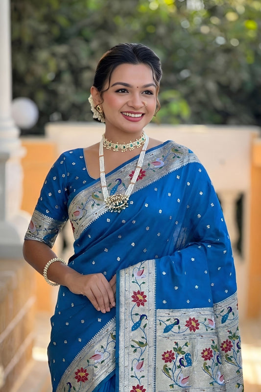 Royal Blue Floral Woven Linen Silk Saree Designer Peacock Border