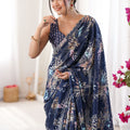 Navy Blue Floral Digital Printed Linen Saree with Designer Lace Border