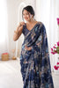 Navy Blue Floral Digital Printed Linen Saree with Designer Lace Border